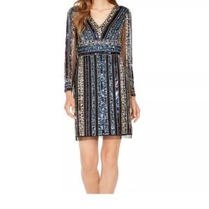 Adrianna Papell Blue and Gold Striped Long Sleeve Dress